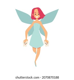 Beautiful tooth fairy girl flying with baby teeth in hands, flat vector illustration isolated on white background. Tooth fairy cartoon character for kids dentistry.