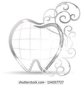 Beautiful tooth illustration. Silver tooth and abstract swirls. Luxury dental care