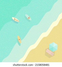 Beautiful top view on ocean waves with surfers and sandy beach. Umbrella and sun lounger illustration. Flat summer holiday vector background for design. Happy holiday