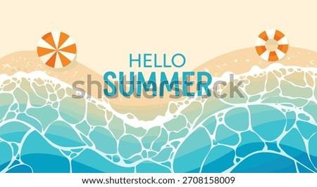 A beautiful top-down aerial view of a sandy beach with turquoise ocean waves and 'Hello Summer' text for a vacation banner.