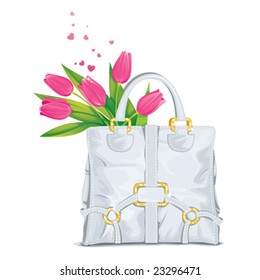 Beautiful tote bag with pink tulips, vector illustration