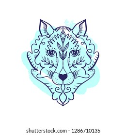 Beautiful totem arctic wolf or fox, boho hippie illustration for sketches of tattoos. Northen style, sticker. Antistress art