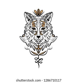 Beautiful totem wolf or fox, boho hippie illustration for sketches of tattoos. Northen style, sticker. Antistress art. Good for t-shirts design, bags, phone cases