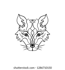 Beautiful totem wolf or fox, boho hippie illustration for sketches of tattoos. Northen style, sticker. Antistress art. Good for t-shirts design, bags, phone cases, room posters, postcard and web