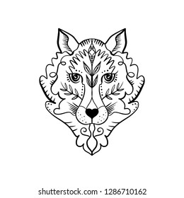 Beautiful totem wolf or fox, boho hippie illustration for sketches of tattoos. Northen style, sticker. Antistress art. Good for t-shirts design, bags, phone cases, room posters, postcard and web