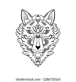 Beautiful totem wolf or fox, boho hippie illustration for sketches of tattoos. Northen style, sticker. Antistress art. Good for t-shirts design, bags, phone cases