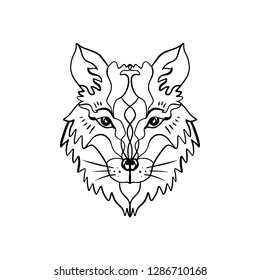 Beautiful totem wolf or fox, boho hippie illustration for sketches of tattoos. Northen style, sticker. Antistress art. Good for t-shirts design, bags, phone cases, room posters, postcard and web