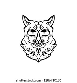 Beautiful totem wolf or fox, boho hippie illustration for sketches of tattoos. Northen style, sticker. Antistress art. Good for t-shirts design, bags, phone cases, room posters, postcard and web