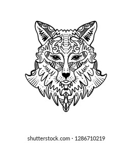 Beautiful totem wolf or fox, boho hippie illustration for sketches of tattoos. Northen style, sticker. Antistress art. Good for t-shirts design, bags, phone cases