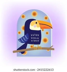 Beautiful toucan bird on tree vector illustration  tropical animal collection.