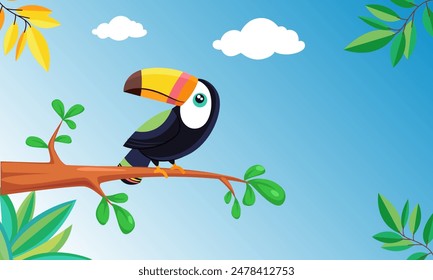 Beautiful Toucan bird on tree branch, leaves, sky and clouds in background.