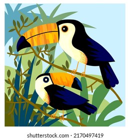 Beautiful toucan bird on trees and branch icon,mascot,character vector illustration.