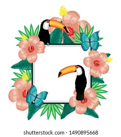 beautiful toucan and butterflies with floral decoration