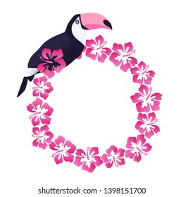 Beautiful toucan with hibiscus flowers vector illustration