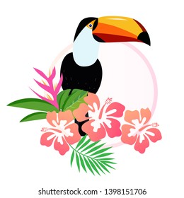 Beautiful toucan with hibiscus flowers vector illustration