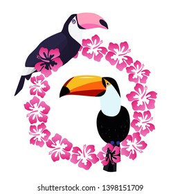 Beautiful toucan with hibiscus flowers vector illustration