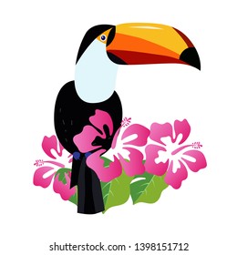 Beautiful toucan with hibiscus flowers vector illustration