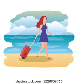 beautiful tourist girl with suitcase on the beach