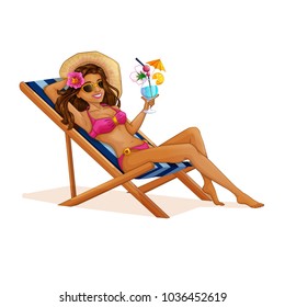 A beautiful tourist girl in a swimsuit resting on a deckchair with a cocktail in her hands. Vector beach illustration. Holidays in the Hawaiian Islands. Character in the cartoon style