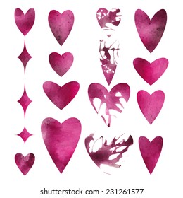 Beautiful traced vector watercolor hearts set. 