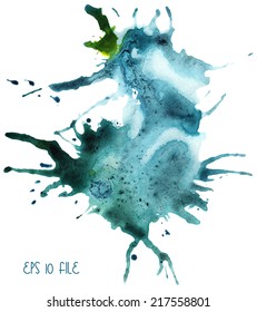 Beautiful traced vector watercolor splatter. Stain of blue and green paint.