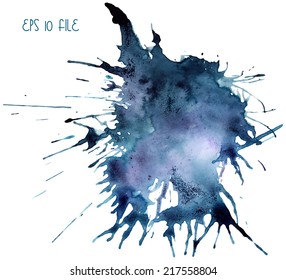 Beautiful traced vector watercolor splatter. Stain of blue paint.