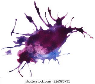 Beautiful traced vector watercolor splatter. Stain of blue and violet paint.