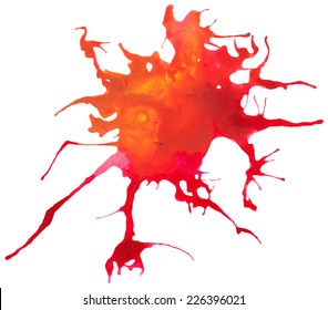 Beautiful traced vector watercolor splatter. Stain of red and orange paint.