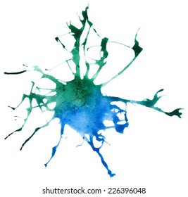 Beautiful traced vector watercolor splatter. Stain of blue and green paint.