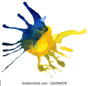 Beautiful traced vector watercolor splatter. Stain of blue and yellow paint.