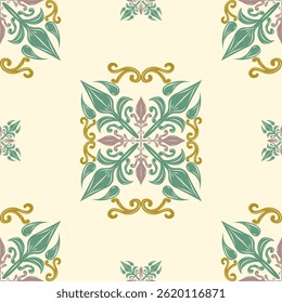Bela Tradicional Antiga Design Babylon Garden inspirado papel de parede no fundo de creme de luz. Design roxo escuro dourado verde quente e fresco para toda decoração delicada fundo grego 