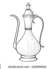 Beautiful traditional coffee pot . Arabic classic coffee pot. Vintage sketch hand drawn vector illustration. Isolated on white background.