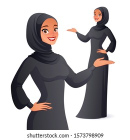 Beautiful traditional dressed Arab muslim woman in hijab presenting. Vector illustration isolated on white background.