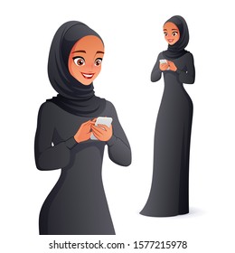 Beautiful traditional dressed Arab muslim woman in hijab writing text message on mobile phone. Vector illustration isolated on white background.