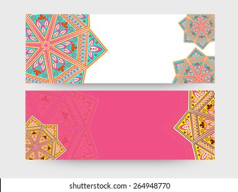 Beautiful traditional floral design decorated website header or banner set in shiny white and pink colors.