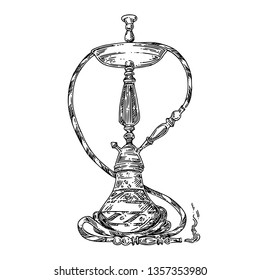 Beautiful traditional hookah with smoke. Engraving style. Vector illustration.