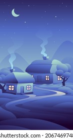 Beautiful Traditional Rural Houses. Winter Vertical Illustration Of Night Winter Village.