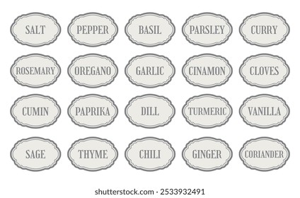 Belo Estilo Tradicional Spices Labels Set. Coleta de Emblema de Rótulo de Tempero 