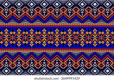 Um tecido tradicional bonito com padrões geométricos vibrantes em um fundo azul escuro, adequado para design têxtil e artesanato.