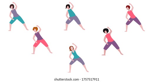 Beautiful trainer women stretching trainer, great design for any purpose. Cartoon flat vector illustration. a group of women with a trainer is engaged in fitness, Pilates, yoga, stretching. 