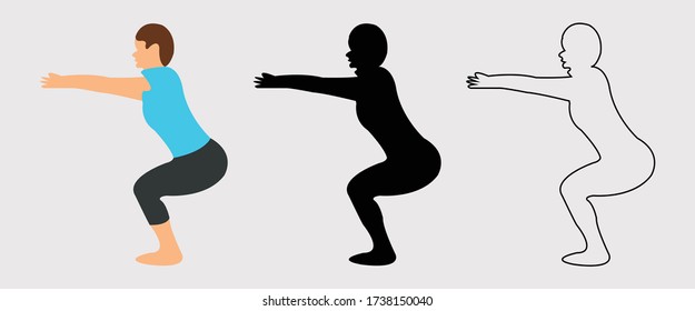 Beautiful training yoga poses. Girl exercises. Set of women doing sports, dancing, Pilates, jumping, fitness. Sport women vector modern flat illustration isolated 