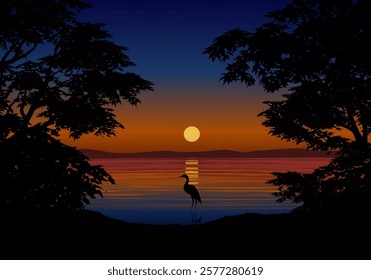 Beautiful tranquil sunset over the lake with silhouette of bird and trees in foreground