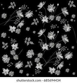 Beautiful transparent garden flowers on a black background. Monochrome pattern. Vector image.