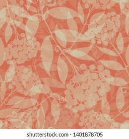 Beautiful transparent hand drawn rowan branches overlay texture. Seamless vector pattern on orange background with Great for summer, beauty, beach, wellness products, packaging, fabric, home decor
