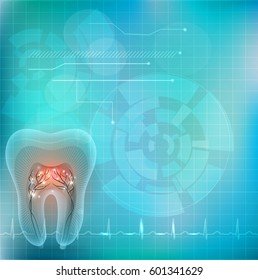 Beautiful transparent tooth cross section on an abstract background and normal cardiogram at the bottom