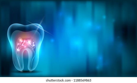 Beautiful transparent tooth with roots illustration, abstract blue artistic background