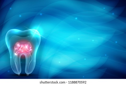 Beautiful transparent tooth with roots illustration, abstract blue artistic background