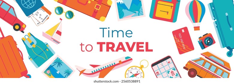 Beautiful travel background with luggage, airplane, documents and vehicles. Baggage, travel accessories, car, bus, photo scattered on white background. Banner, flyer, coupon, voucher