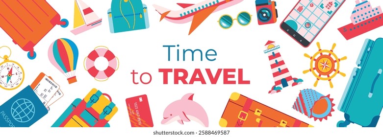 Beautiful travel background with luggage, airplane, documents and marine icons. Baggage, travel accessories, marine symbols scattered on white background. Banner, flyer, coupon, voucher