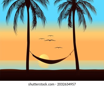 beautiful travel beach sunset with palm trees Vector